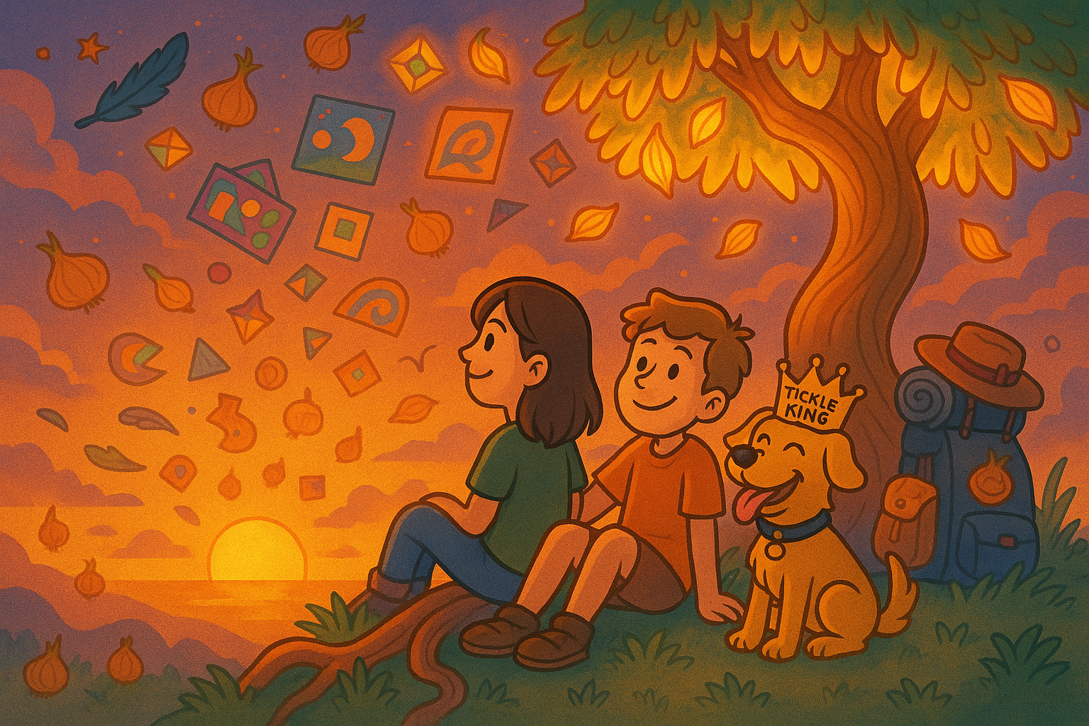 Lea and Mathi relaxing under onion tree sunset